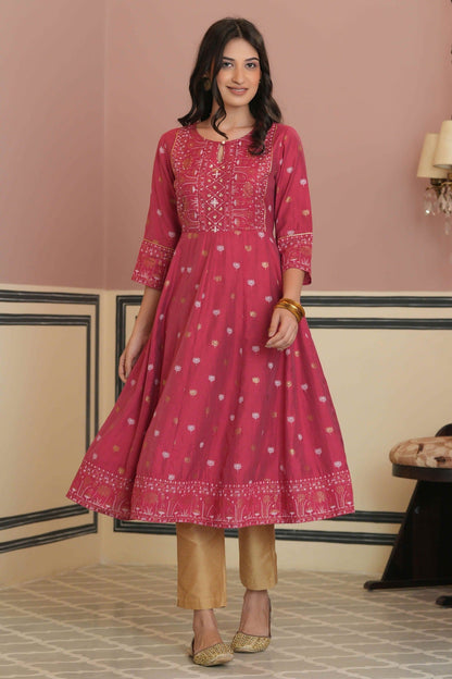 Women's  Fuchsia Rayon Festive Handwork - Sequence Anarkali Kurta For Women