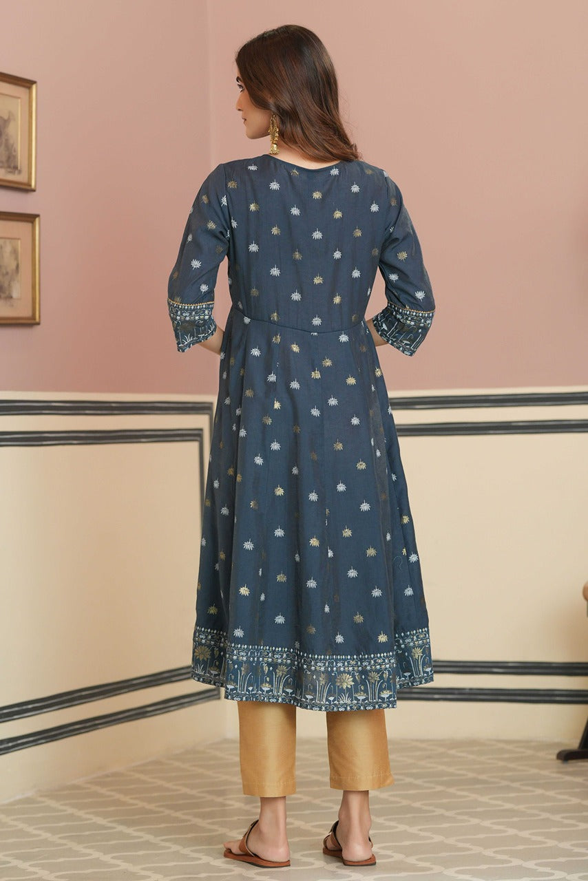 Women's  Teal Rayon Placement Printed Anarkali Kurta
