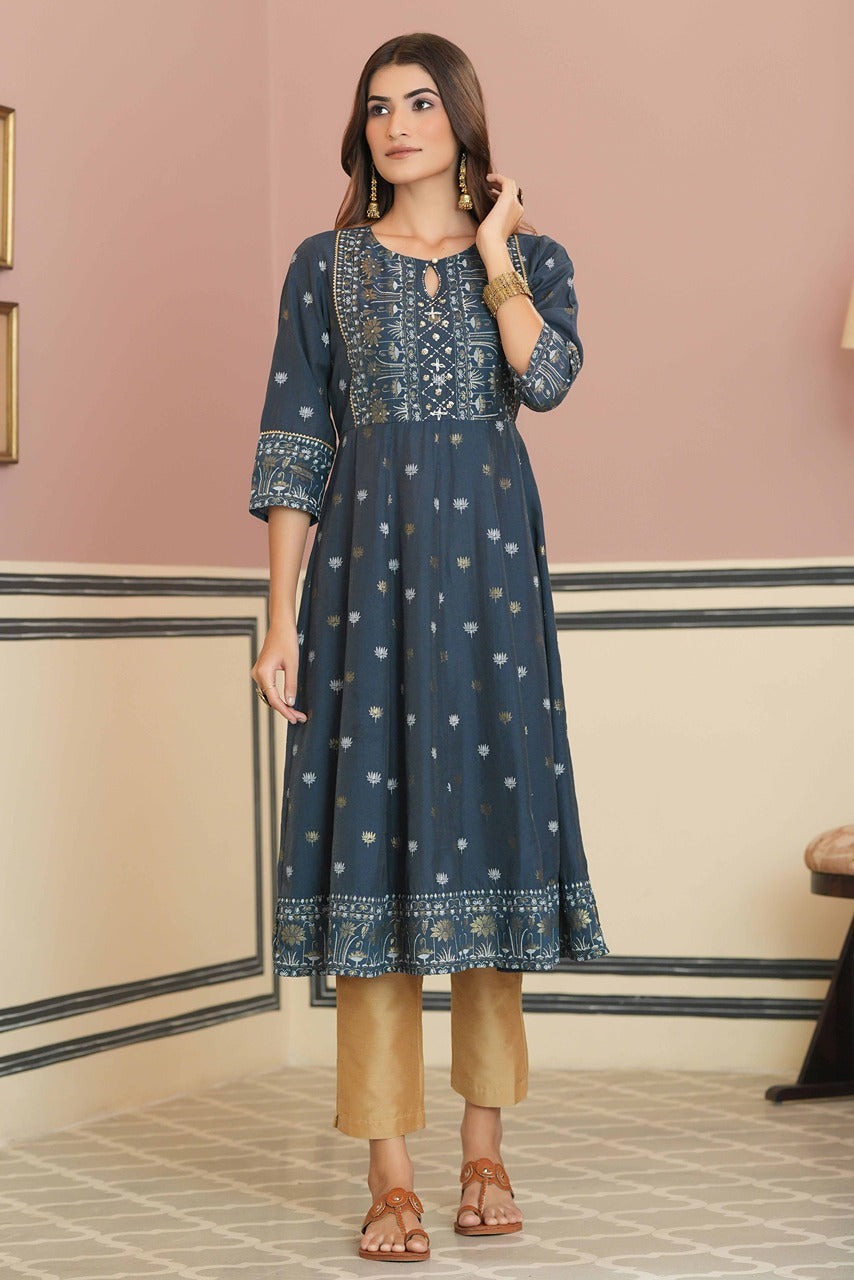 Women's  Teal Rayon Placement Printed Anarkali Kurta