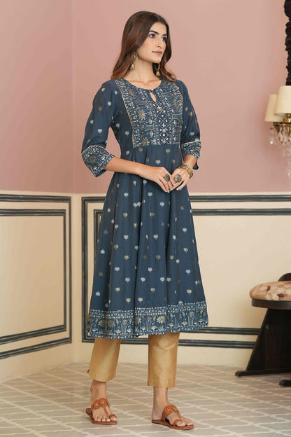 Women's  Teal Rayon Placement Printed Anarkali Kurta