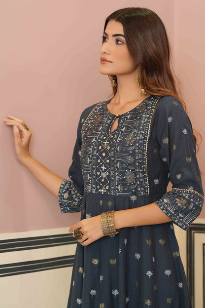 Women's  Teal Rayon Placement Printed Anarkali Kurta