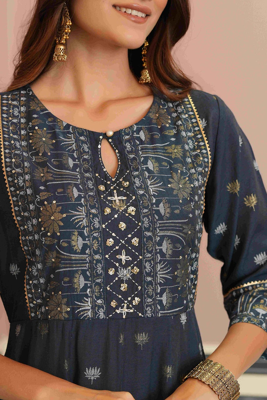 Women's  Teal Rayon Placement Printed Anarkali Kurta