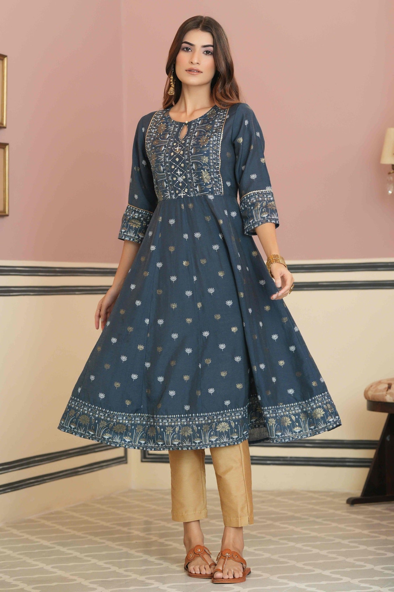 Women's  Teal Rayon Placement Printed Anarkali Kurta