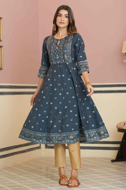 Women's  Teal Rayon Placement Printed Anarkali Kurta