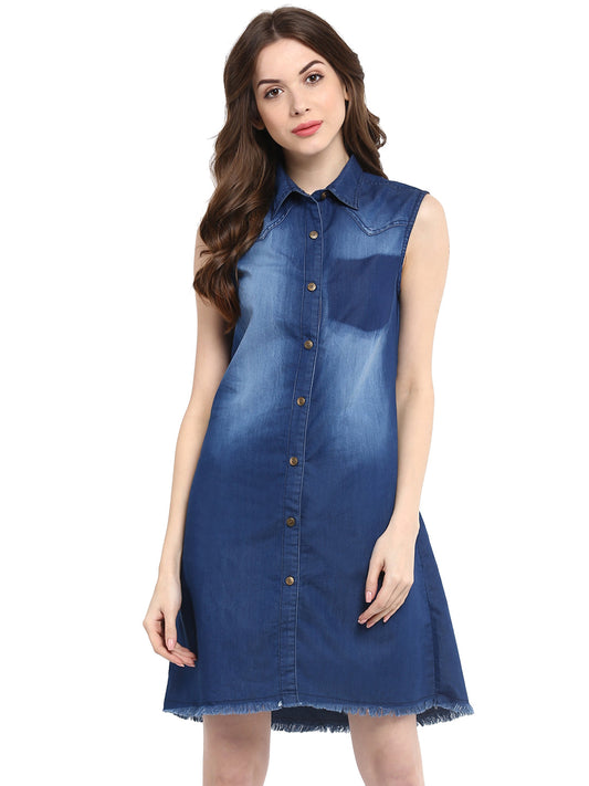 Women's  Blue Dress with Pocket Impression Wash