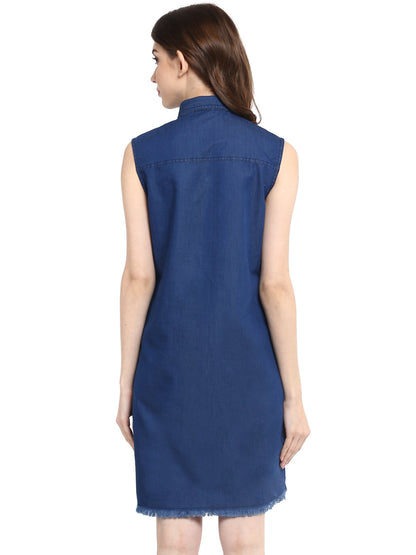 Women's  Blue Dress with Pocket Impression Wash