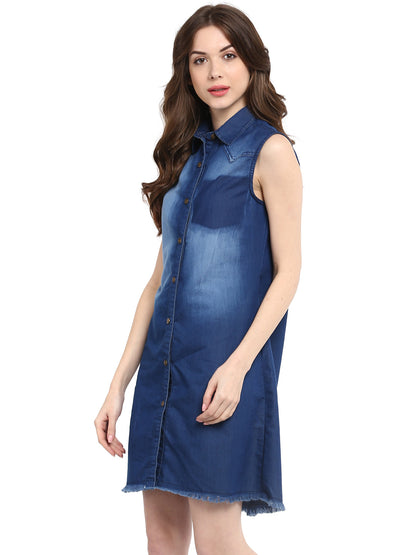 Women's  Blue Dress with Pocket Impression Wash