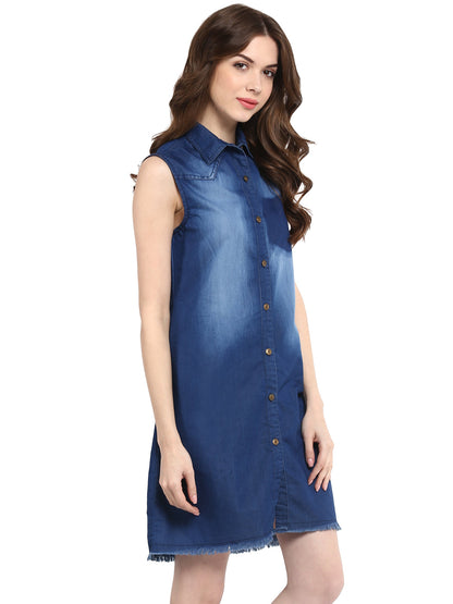Women's  Blue Dress with Pocket Impression Wash