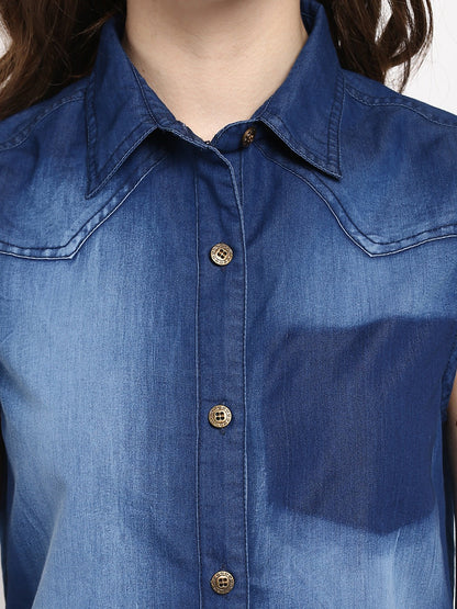 Women's  Blue Dress with Pocket Impression Wash