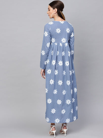 Women's  Blue & White Floral Khari Print Maxi Dress