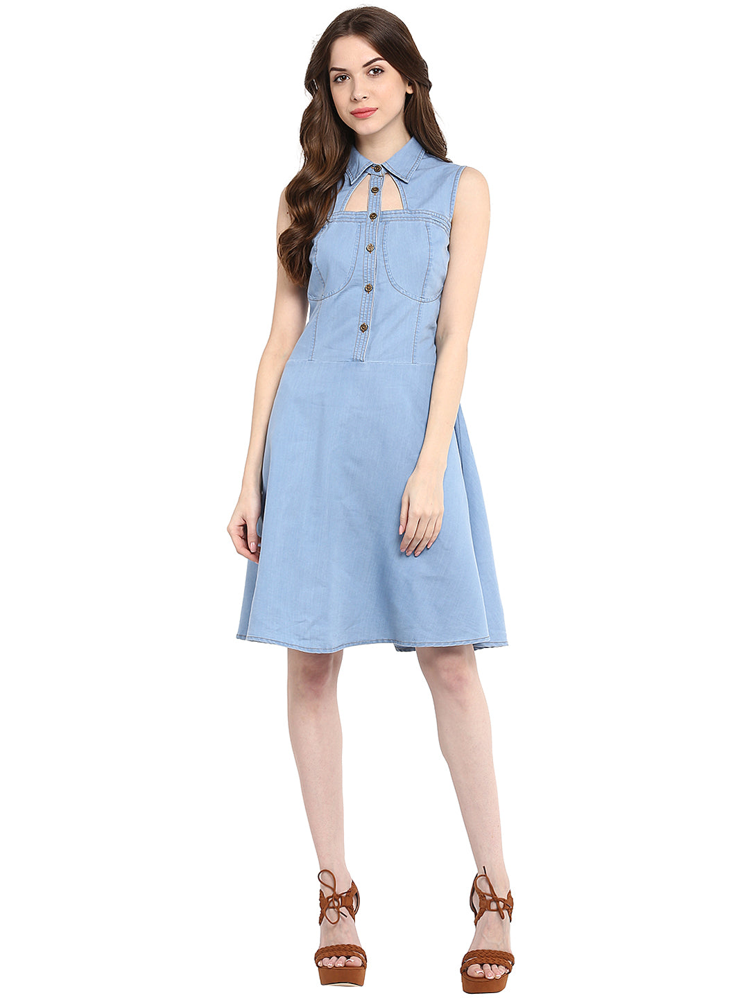 Women's  Light Blue Denim Dress with Neck cutout