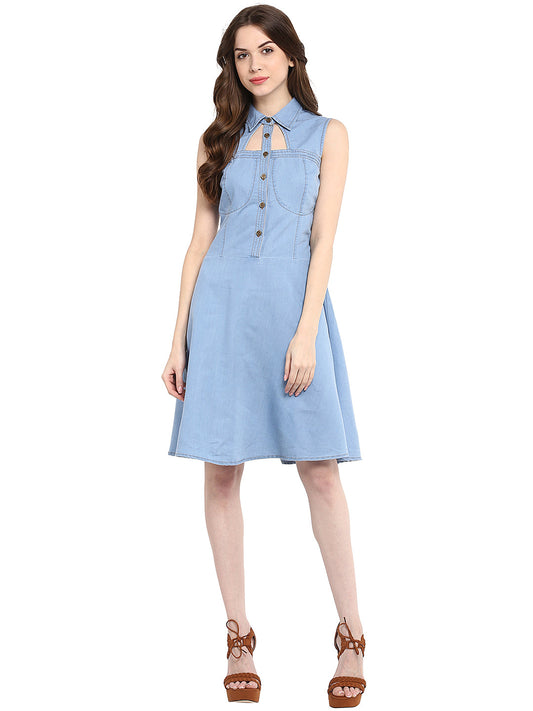 Women's  Light Blue Denim Dress with Neck cutout