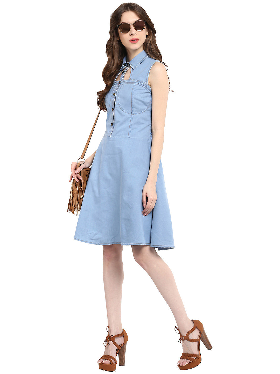 Women's  Light Blue Denim Dress with Neck cutout