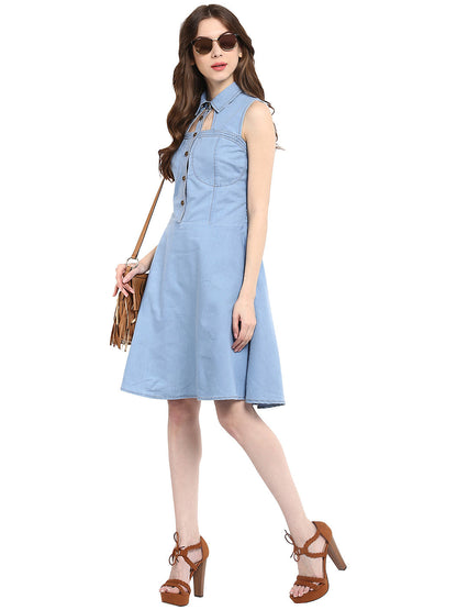Women's  Light Blue Denim Dress with Neck cutout