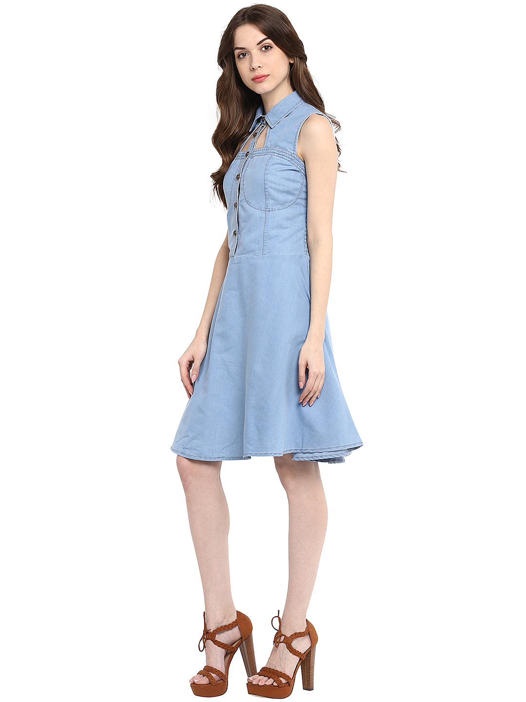 Women's  Light Blue Denim Dress with Neck cutout