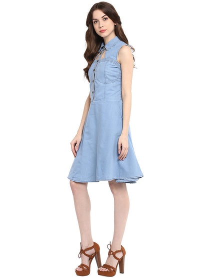 Women's  Light Blue Denim Dress with Neck cutout