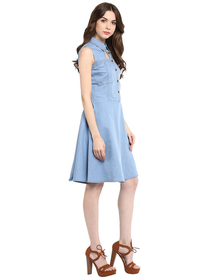 Women's  Light Blue Denim Dress with Neck cutout