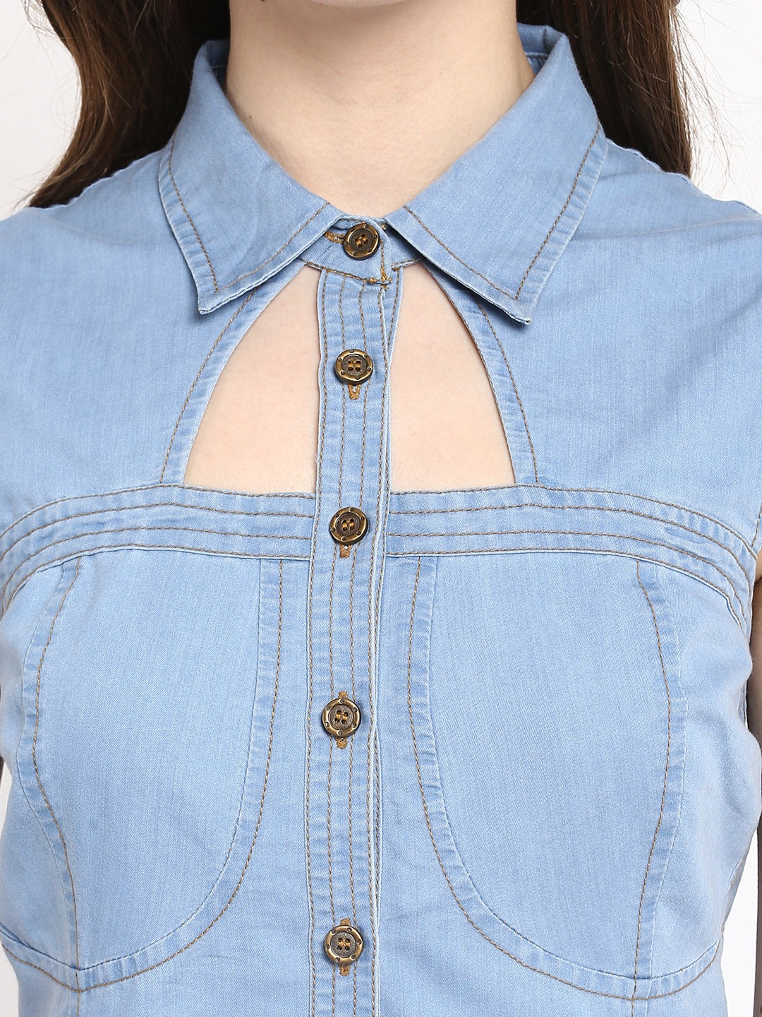 Women's  Light Blue Denim Dress with Neck cutout