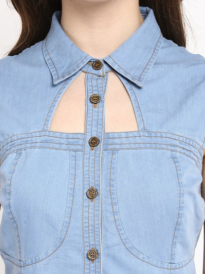 Women's  Light Blue Denim Dress with Neck cutout