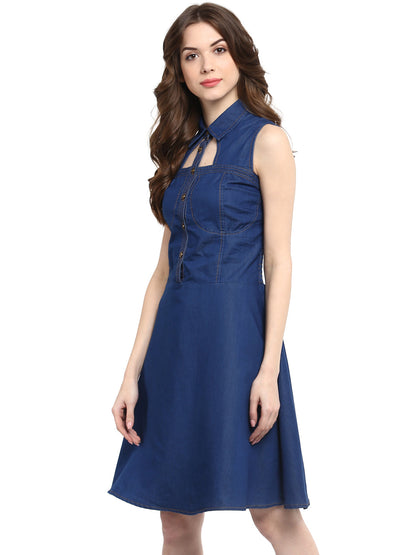 Women's  Dark Blue Denim Dress with Neck cutout