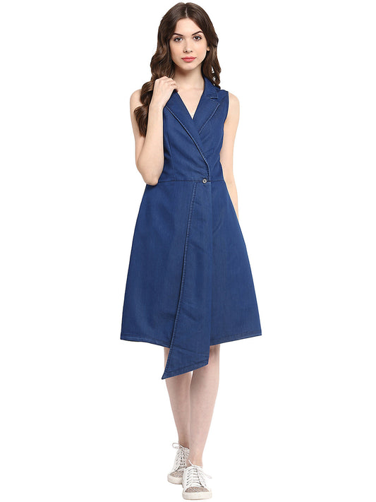 Women's  Blue Denim Wrap Dress with Flap