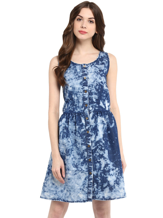 Women's  Blue Cloud effect Denim Dress with elasticated Waistline