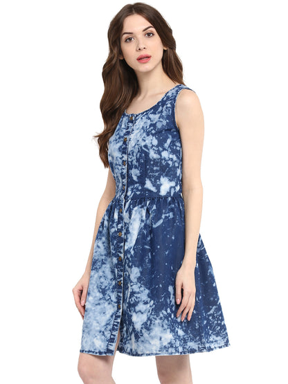 Women's  Blue Cloud effect Denim Dress with elasticated Waistline