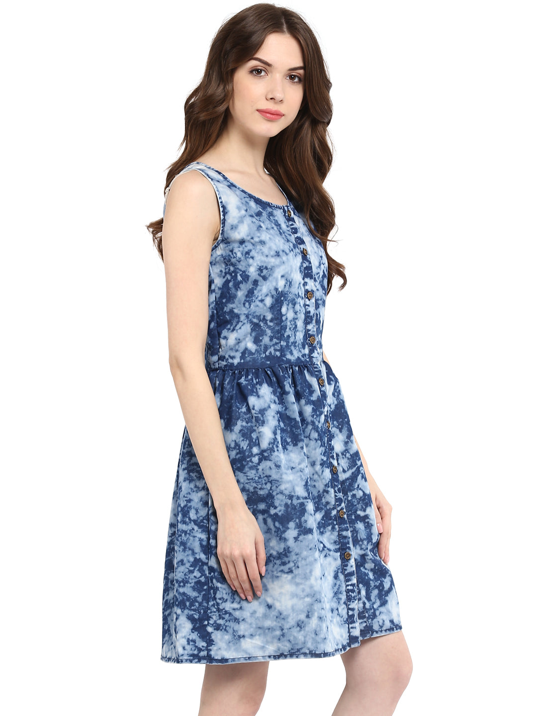 Women's  Blue Cloud effect Denim Dress with elasticated Waistline