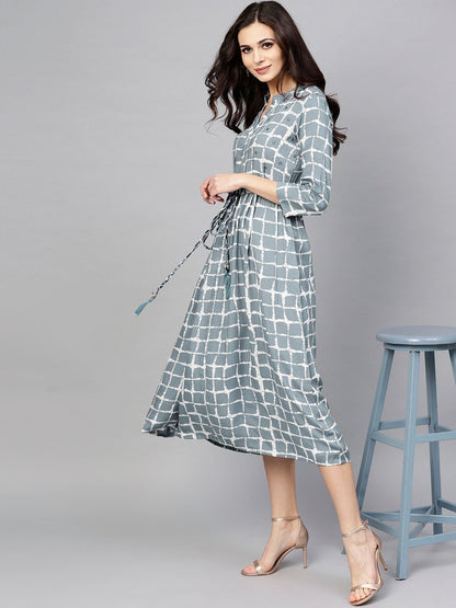 Women's  Grey Checked Midi Fit & Flare Dress