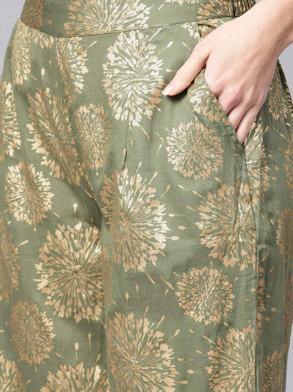 Women's  Olive Green & Golden Block Print Kurta with Palazzos