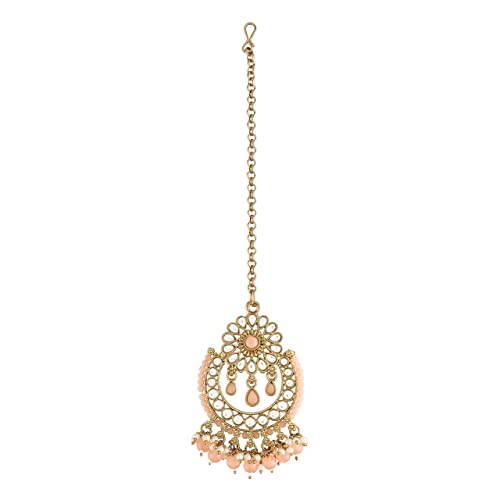 Women's 18K Gold Plated Handcrafted Earrings With Maang Tikka Encased with Faux Kundan & Pearl