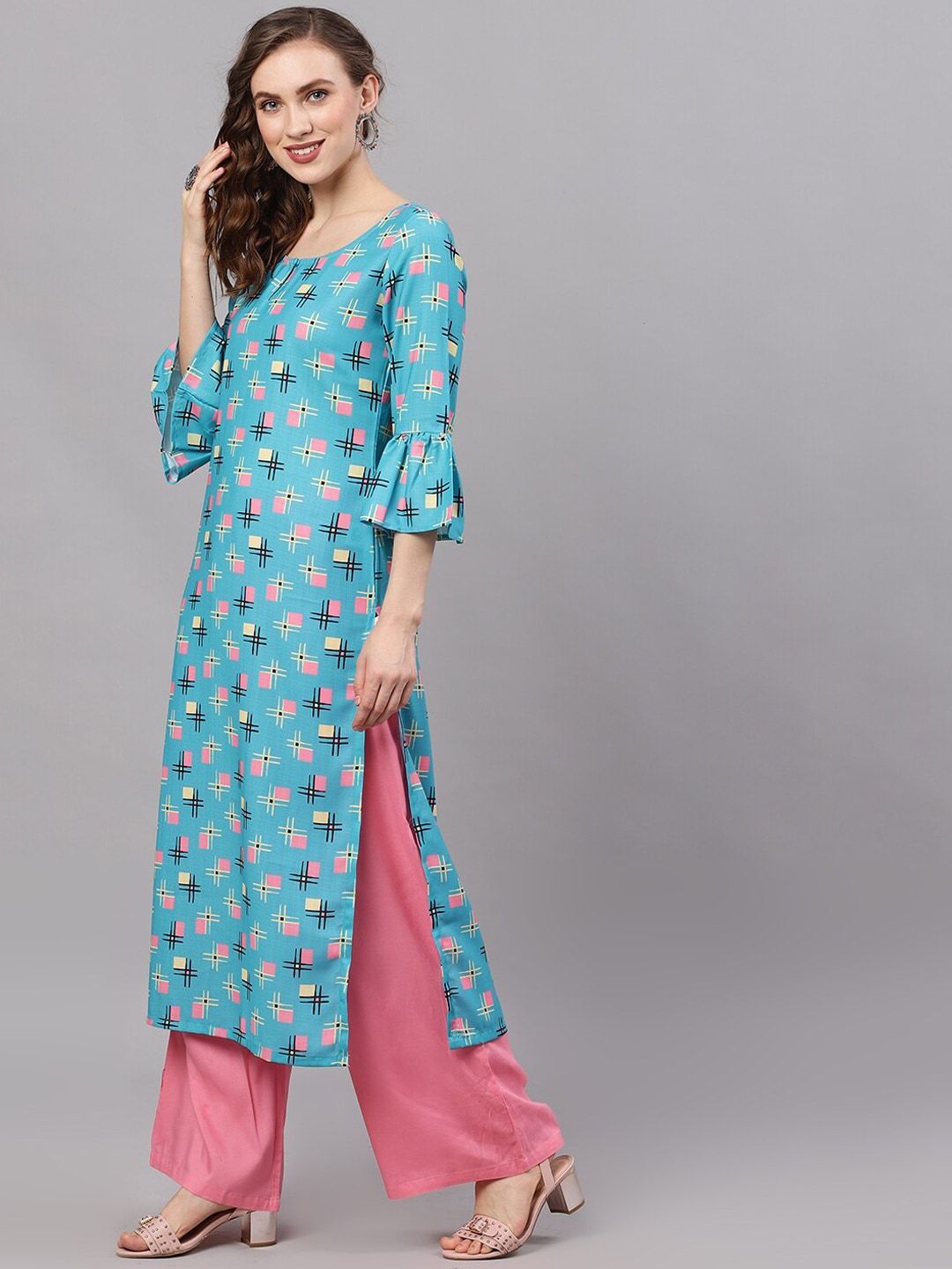 Women's  Blue & Pink Printed Straight Kurta