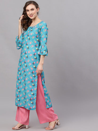Women's  Blue & Pink Printed Straight Kurta
