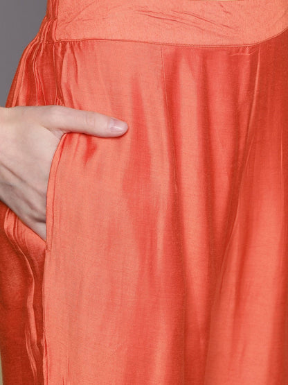 Women's  Coral Orange & Golden Striped Kurta with Sharara & Dupatta