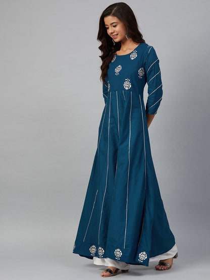 Women's Teal Blue & Silver-Toned Printed Anarkali Kurta
