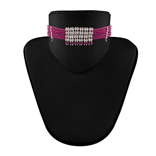 Women's Silver Plated Pink Crystal Beads with Stone Studded Choker Necklace Set
