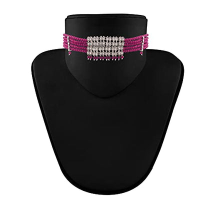 Women's Silver Plated Pink Crystal Beads with Stone Studded Choker Necklace Set