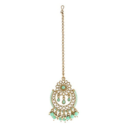 Women's 18K Gold Plated Handcrafted Earrings With Maang Tikka Encased with Faux Kundan & Pearl