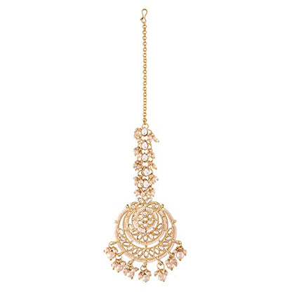 Women's Traditional Gold Plated Chandbali Kundan & Pearl Earring Set with Maang Tikka