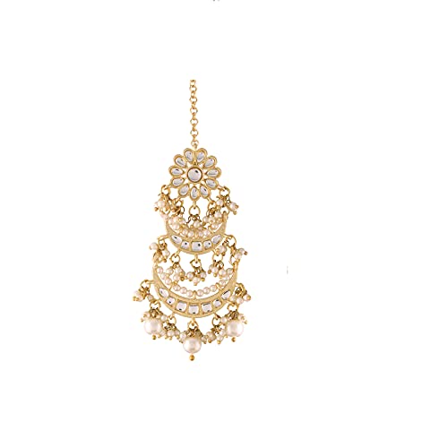 Women's Traditional Gold Plated Chandbali Kundan & Pearl Earring Set with Maang Tikka