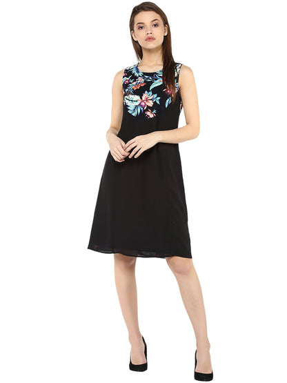 Women's  Tropical Print and Black Dress