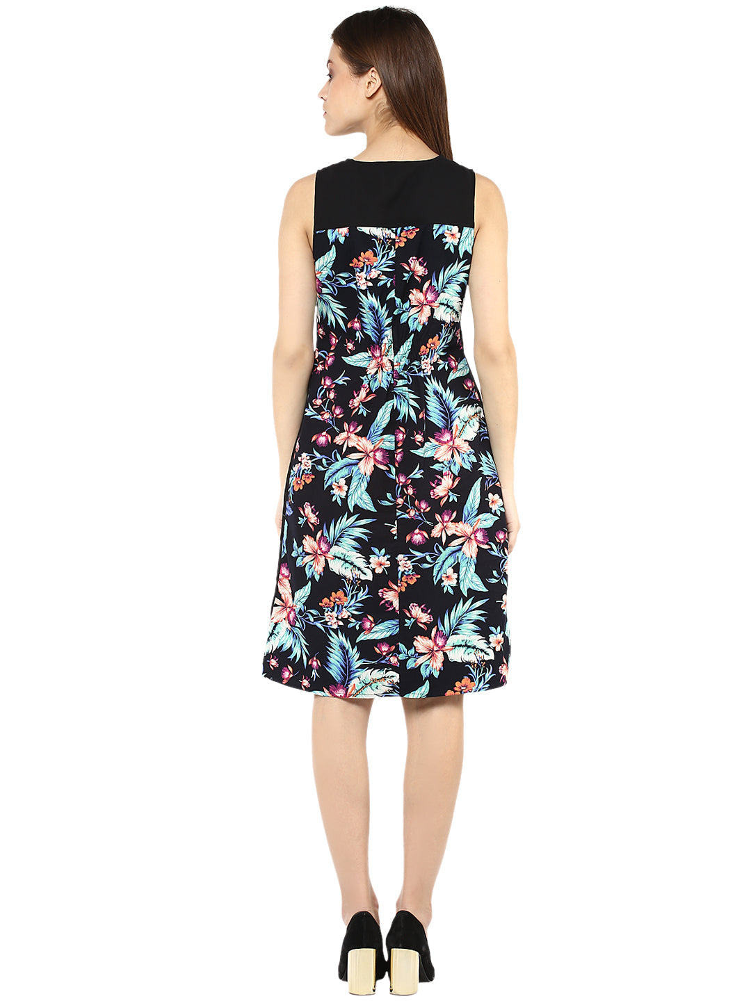 Women's  Tropical Print and Black Dress