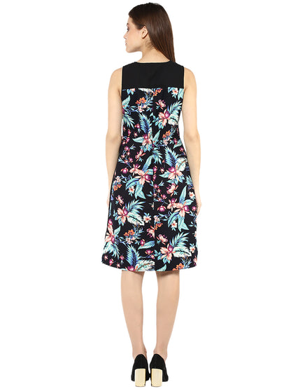 Women's  Tropical Print and Black Dress