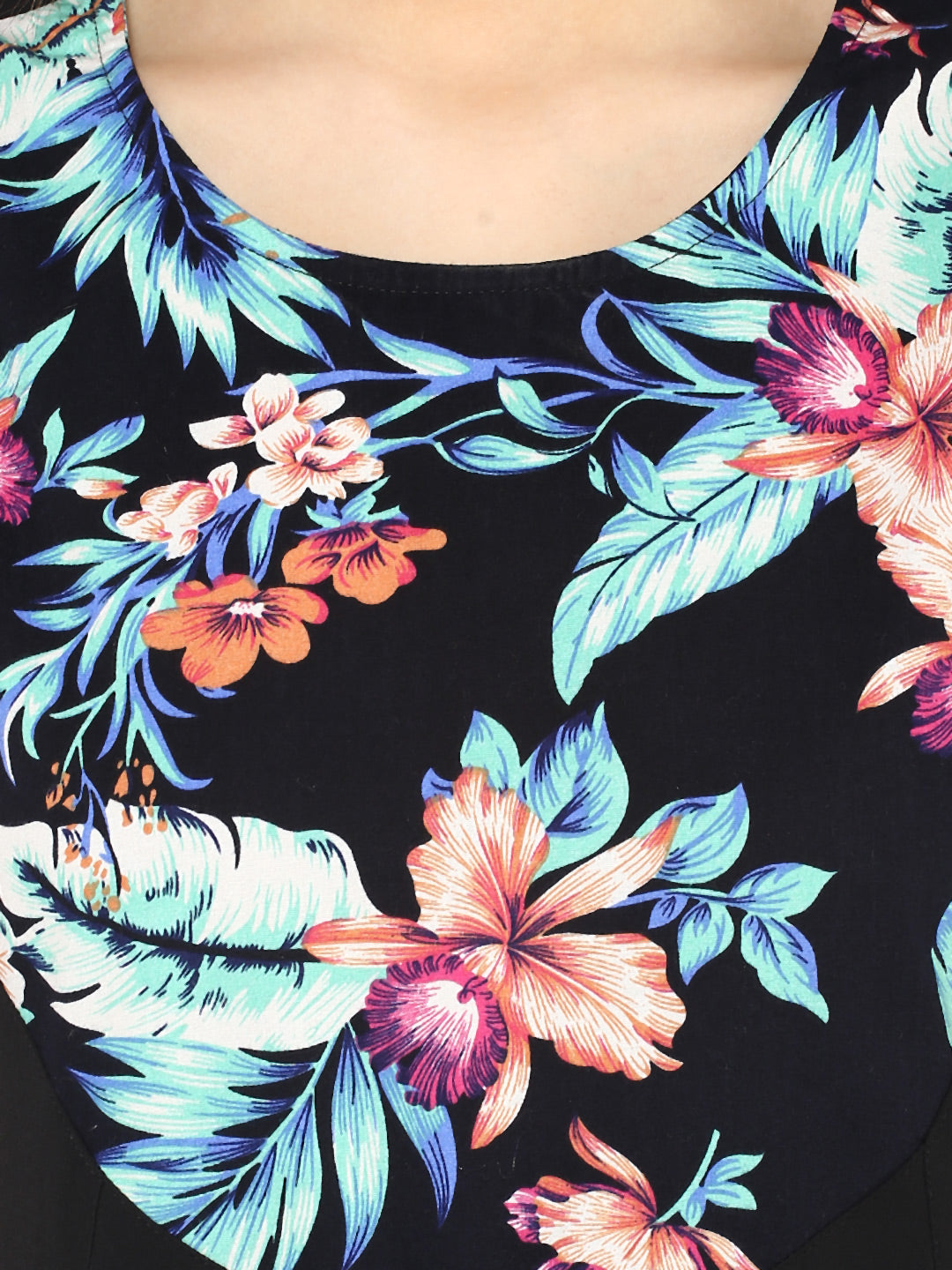 Women's  Tropical Print and Black Dress