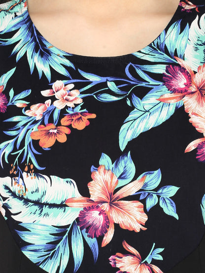 Women's  Tropical Print and Black Dress