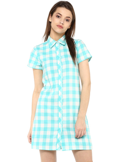 Women's  Ice Blue and White Check Shirt Dress cum Tunic