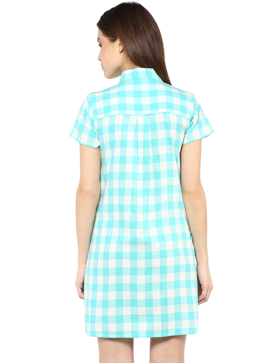 Women's  Ice Blue and White Check Shirt Dress cum Tunic