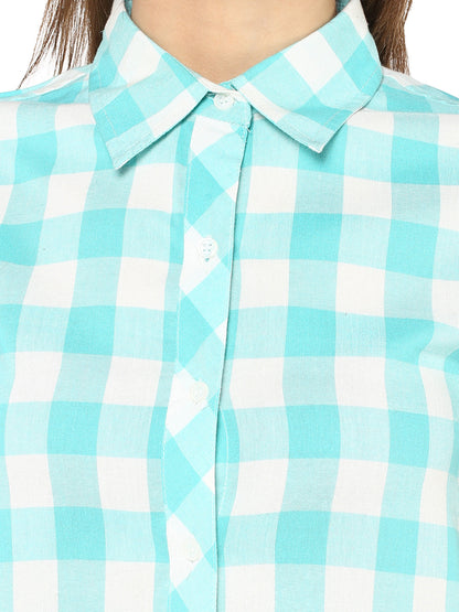 Women's  Ice Blue and White Check Shirt Dress cum Tunic