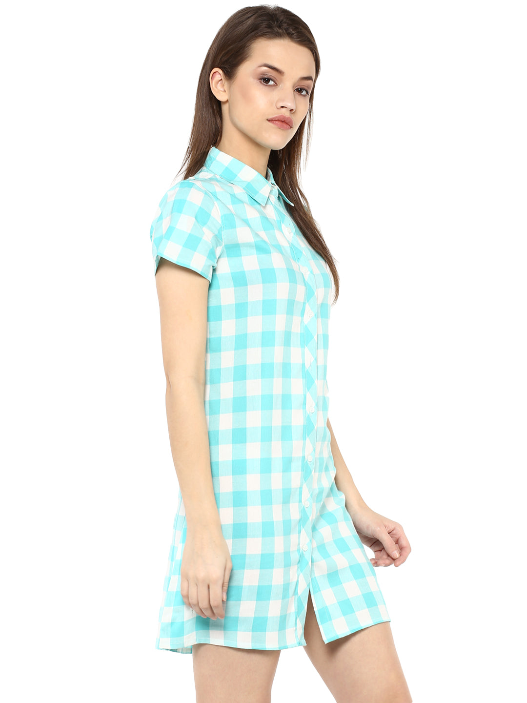 Women's  Ice Blue and White Check Shirt Dress cum Tunic