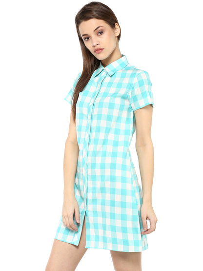 Women's  Ice Blue and White Check Shirt Dress cum Tunic